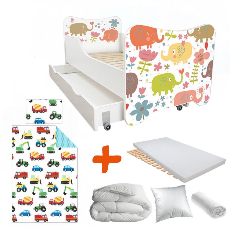 Pack complet Lit Eléphants = Lit +sommier+tiroir de rangement +Matelas & Parure+Couette+Oreiller - 70 x140 cm - Multicolor
