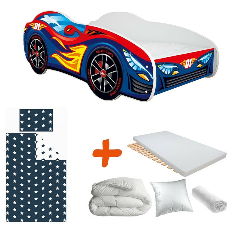 bebegavroche - pack complet lit enfant voiture racing bleue avec flammes lit+matelas & parure+couette+oreiller