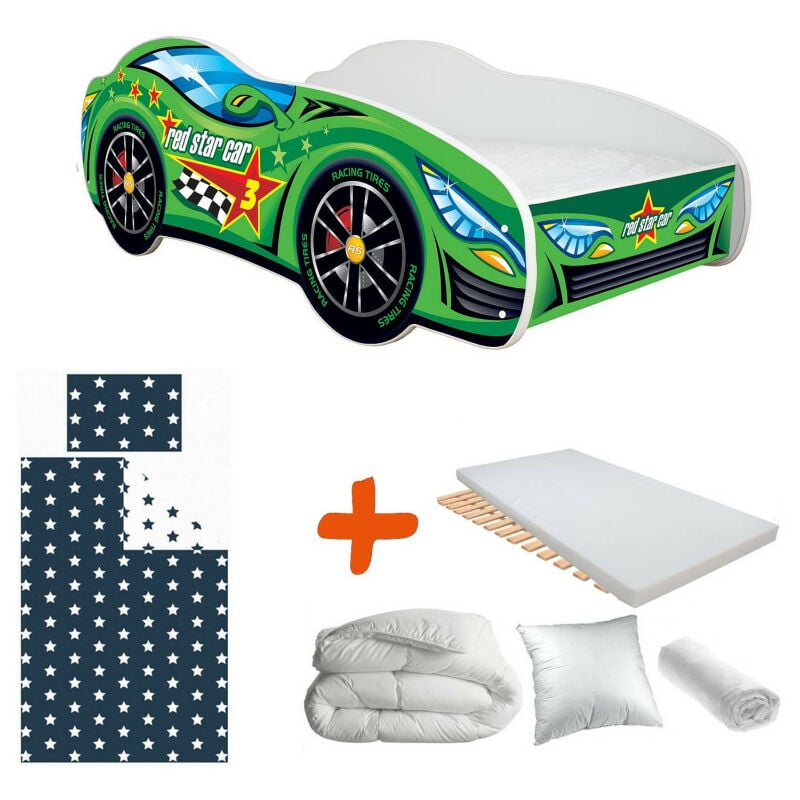 pack complet lit enfant voiture racing vert avec étoile rouge lit+matelas & parure+couette+oreiller