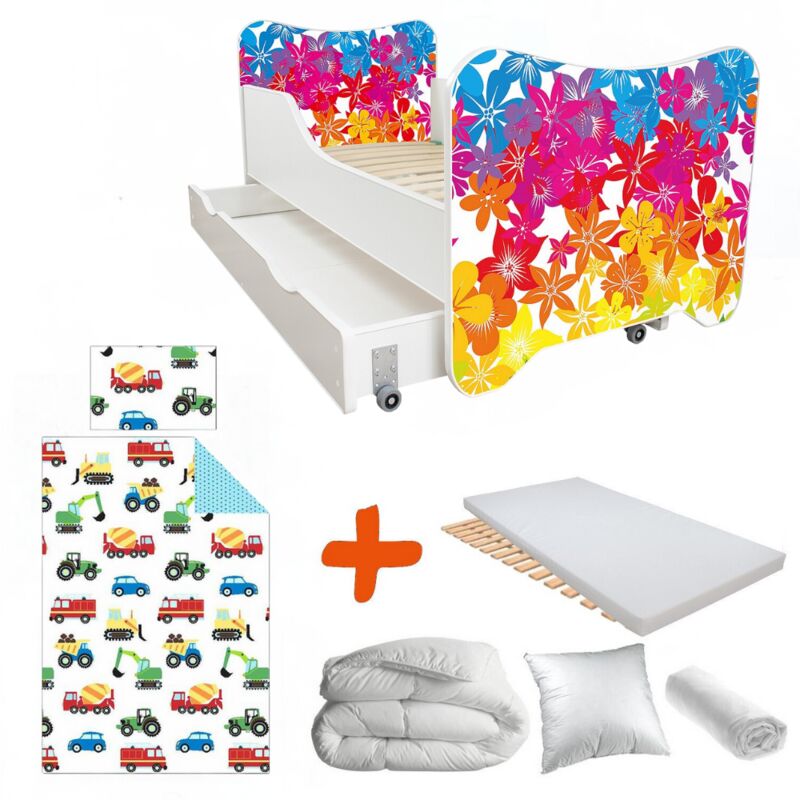 Pack complet Lit Fleur = Lit +sommier+tiroir de rangement +Matelas & Parure+Couette+Oreiller - 70 x140 cm - Multicolor