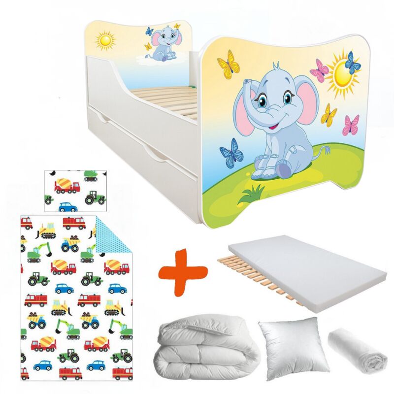 Pack complet Lit Petit Eléphant = Lit +sommier+tiroir de rangement +Matelas & Parure+Couette+Oreiller - 70 x140 cm - Multicolor
