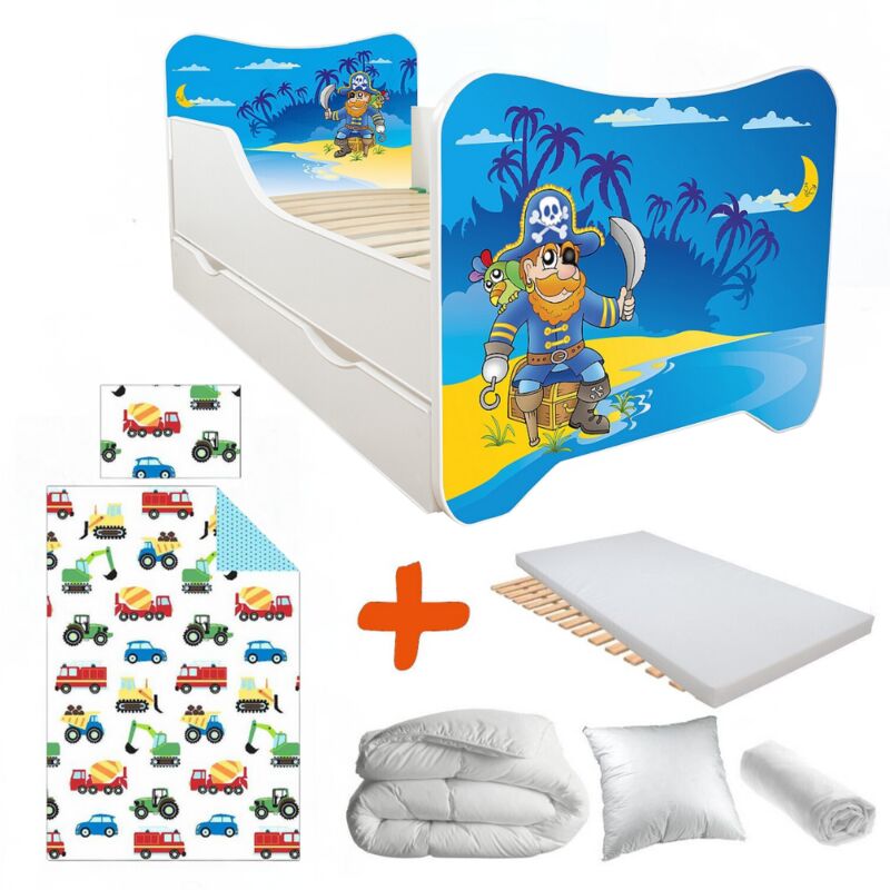 Pack complet Lit Pirate = Lit +sommier+tiroir de rangement +Matelas & Parure+Couette+Oreiller - 70 x140 cm - Bleu