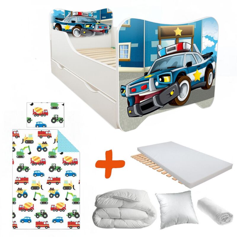 Pack complet Lit Police= Lit +sommier+tiroir de rangement +Matelas & Parure+Couette+Oreiller - 70 x140 cm - Multicolor