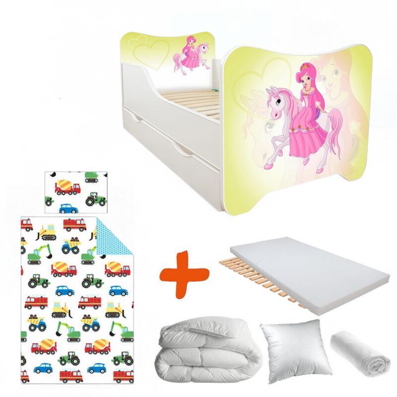Pack complet Lit Poney = Lit +sommier+tiroir de rangement +Matelas & Parure+Couette+Oreiller - 70 x140 cm - Rose