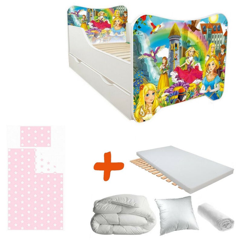 Pack complet Lit Princesse = Lit +sommier+tiroir de rangement +Matelas & Parure+Couette+Oreiller - 70 x140 cm - Multicolor