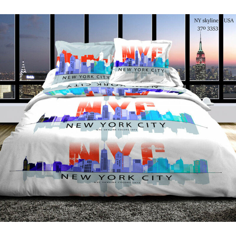 Pack complet NY Skyline Bleu housse de couette pour lit 160 x 200 cm 100% coton / 57 fils/cm² - NY Skyline Bleu