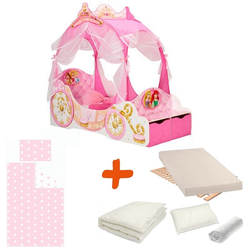Pack complet Premium Lit Carrosse Princesse Disney = Lit+Matelas & Parure+Couette+Oreiller