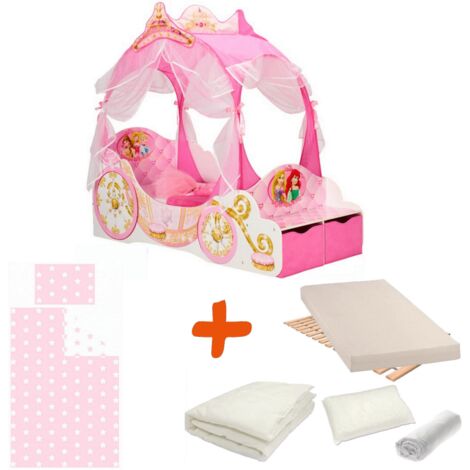 Pack complet Premium Lit Carrosse Princesse Disney = Lit+Matelas & Parure+Couette+Oreiller - Rose