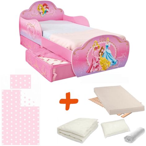 Pack complet Premium Lit design avec tiroirs Princesse = Lit+Matelas & Parure+Couette+Oreiller - Rose