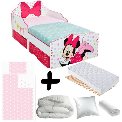 Pack complet Premium Lit Noeud Minnie tiroirs Disney = Lit+Matelas & Parure+Couette+Oreiller - Rose