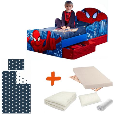 Pack complet Premium Lit Spiderman Tete Lumineuse = Lit+Matelas & Parure+Couette+Oreiller - Bleu, Rouge, Vert