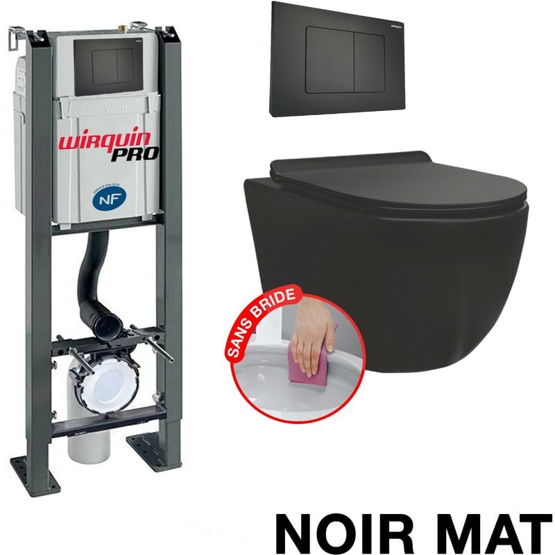 Pack Complet wc Sans Bride Bati Autoportant + Cuvette Noir Mat sans bride + Plaque Noir Mat