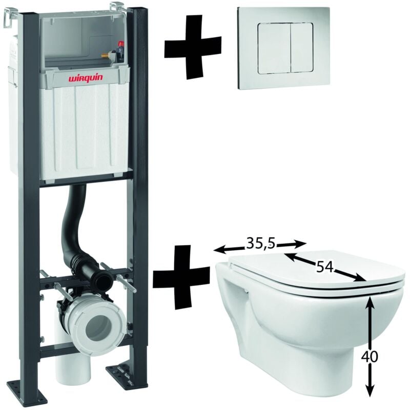 Pack complet wc suspendu universel Smart Rock avec cuvette et plaque de commande double chasse grise Wirquin 55722256, gris