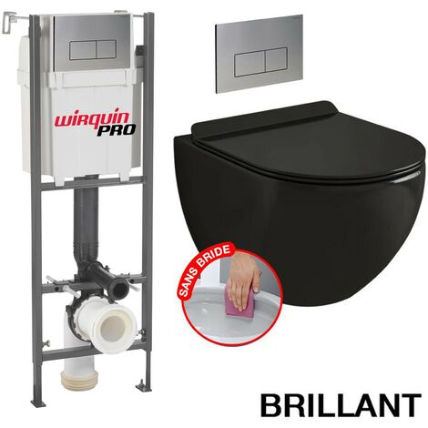 Pack completo Inodoro Bati INITIO + Taza de inodoro negra brillante suspendida sin brida + Placa de diseño cromada
