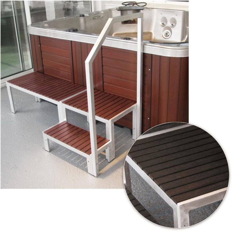 Pack confort pour spa A400 composition : 1 rampe en alu, 1 escalier et 1 banc en bois de synthèse couleur wenge