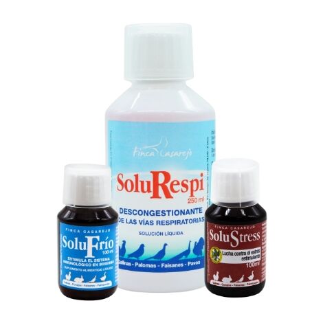 Pack contra el Resfriado en Ave SoluRespi (250 ml), SoluFrío (100 ml) y SoluStress (100 ml)  Previene el resfriado de gallinas, pavos, faisanes y otras aves de corral  Productos 100% naturales