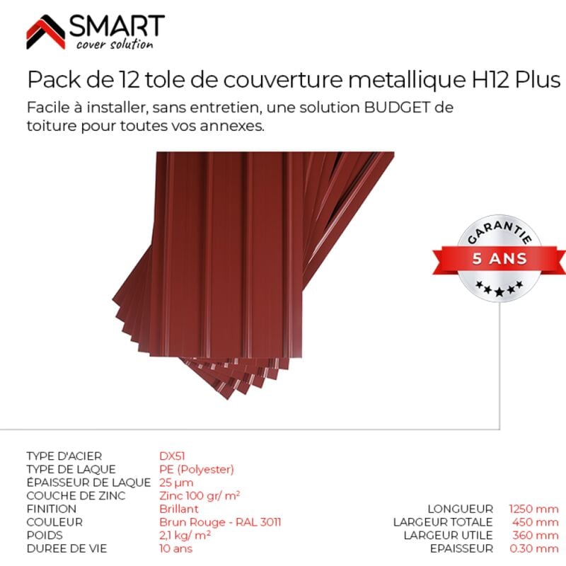 Smart cover Pack 12 petites tôles bac acier - toiture - couverture H12 Dimensions: 125cm x 45cm=6,75m² épaisseur: 0,30mm Qualité Allemande Acier
