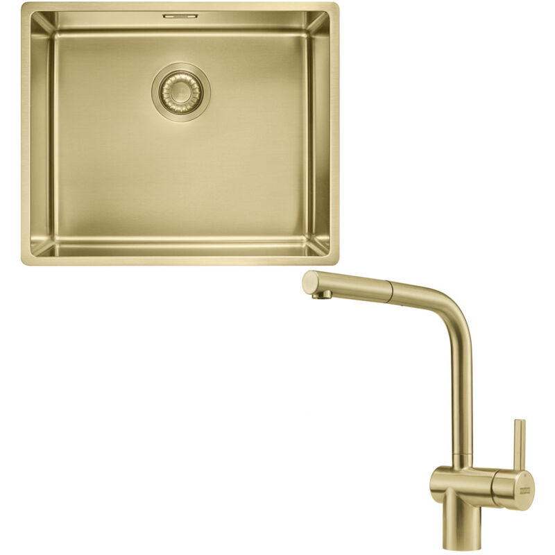 Pack cuve Myhos MasterPiece inox 540 x 450 x 200 mm + mitigeur Atlas Néo reflet d'or douchette Franke