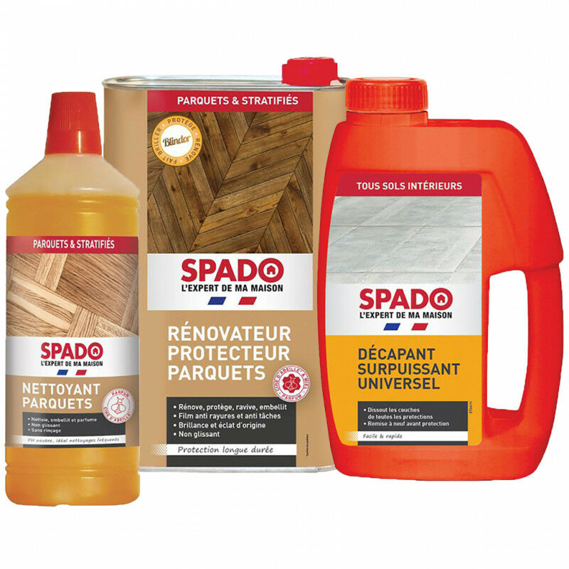 Spado - Pack : Décapant sols surpuissant universel 1L + Protection rénovatrice brillante parquets 1L + Nettoyant parquets