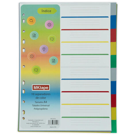Pack de 10 índices separadores de colores en tamaño A4. Fabricado en polipropileno y con taladros universales.