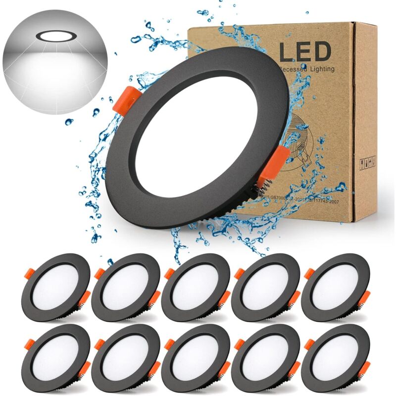 Pack de 10 spots led encastrables noirs extra plats, 7W, pour salle de bain et cuisine