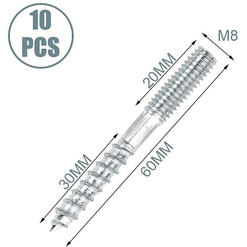 Pack de 10 vis double filetage M8 X 60mm, goujon double filetage, vis de fixation meubles, acier zingué