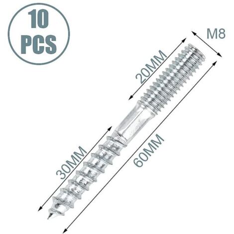 Pack de 10 vis double filetage M8 X 60mm, goujon double filetage, vis de fixation meubles, acier zingué