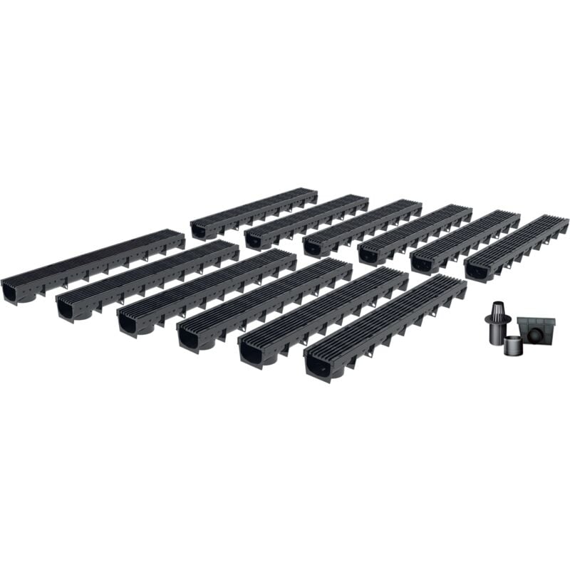 MEA - Pack de 12 : Caniveau extérieur avec Grille en Plastique recyclé Noir park - Caniveaux pour terrasse, Piscine, Jardin - Largeur utile 10cm –