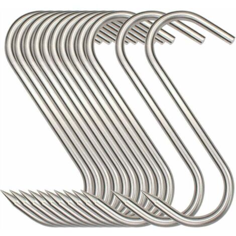 Pack de 12 ganchos de carnicero en forma de S - 15 cm - Acero inoxidable - Ideal para colgar carne, pescado, tocino, salchichas, etc.
