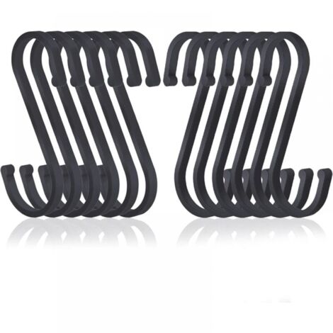 Pack de 12 Ganchos Planos de Aluminio en S para Colgar, Ganchos de Carnicero con Acabado Mate para Cocina, Dormitorio, Baño, Oficina y Jardín, Negro