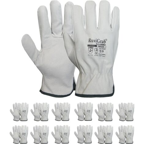 Pack de 12 Gants de travail, Cuir de fleur naturelle, Protection mécanique et thermique, Élastique au poignet, Industrie et jardinage