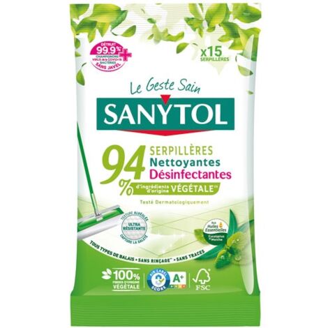 Pack de 15 serpillères nettoyantes désinfectantes 94 % végétal – Parfum eucalyptus et menthe – Texture microperforée pour surfaces lavables – Sanytol