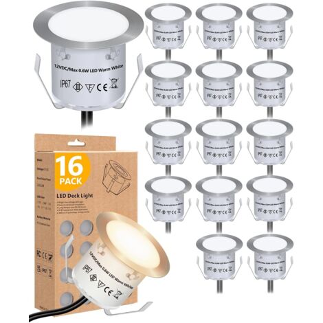 Pack de 16 Lumières de terrasse LED Blanc Chaud, Lampes de Pont de Socle imperméables, Lumière de Jardin enterrée Blanc Chaud Haute luminosité pour éclairage de terrasse