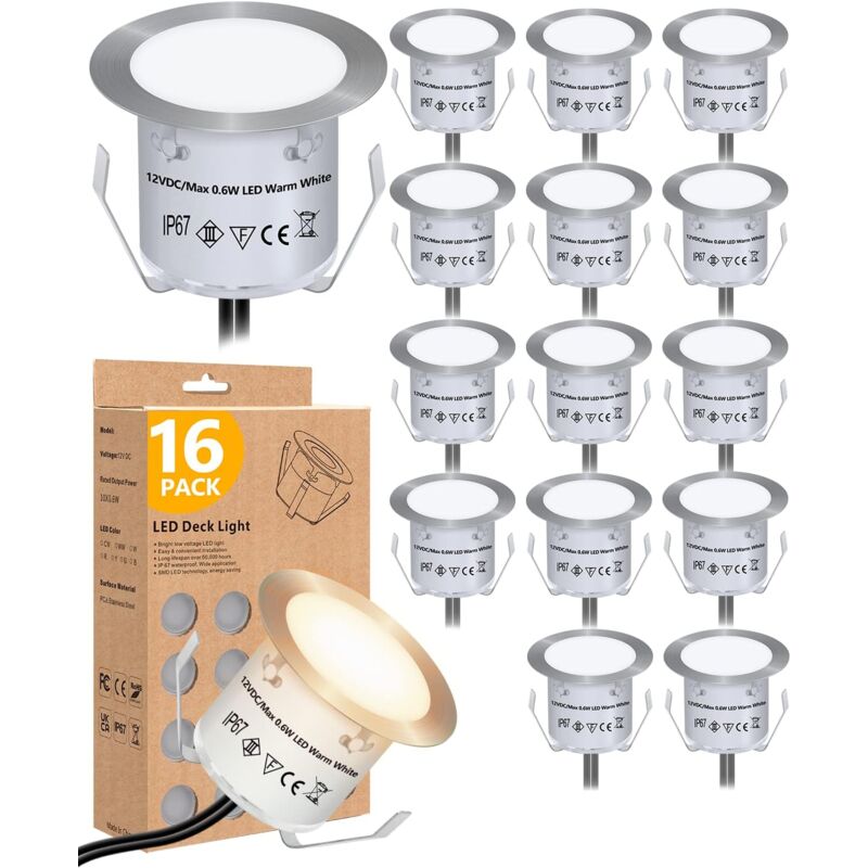 Pack de 16 Lumières de terrasse LED Blanc Chaud, Lampes de Pont de Socle imperméables, Lumière de Jardin enterrée Blanc Chaud Haute luminosité pour