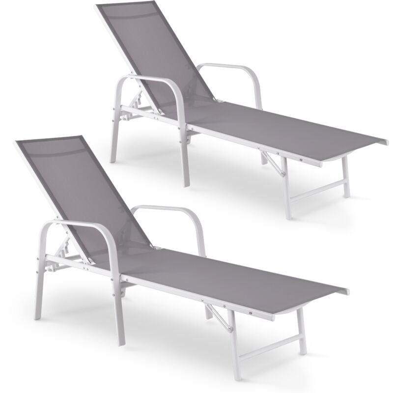 Pack de 2 bains de soleil pour jardin ou piscine, acier renforcé, design moderne, coloris blanc et gris, Duna Light Grey