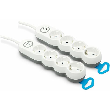 Pack de 2 Bases múltiples Garza con 4 enchufes, Cable de 1.4 Metros, Enchufe Plano, con Interruptor, Protección Infantil, Blanco