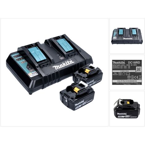 Pack de 2 batteries 5Ah 18V Li-ion avec chargeur double Makita DC 18 RD – Recharge rapide en 45 min – Compatible machines 18V