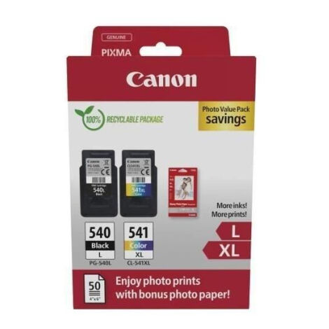 Pack de 2 cartouches d'encre + pack papiers photo - CANON - PG-540L Noir + CL-541XL Couleur - Haut rendement