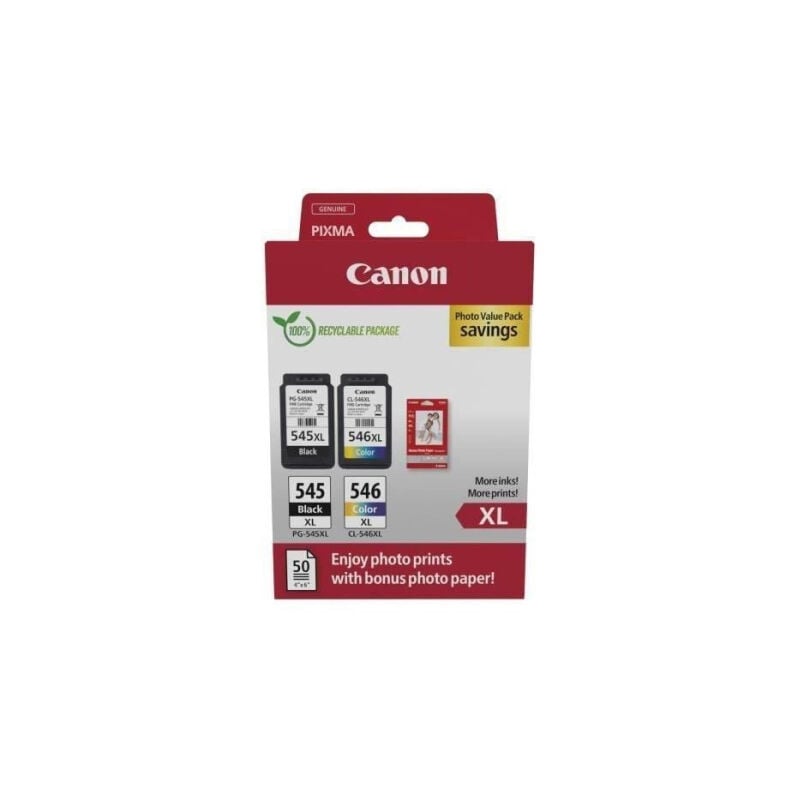 Pack de 2 cartouches d'encre + pack papiers photo - CANON - PG-545XL Noir + CL-546XL Couleur - Haut rendement