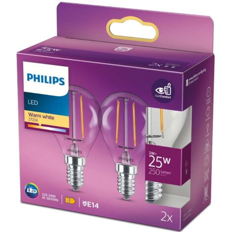 Pack de 2 globes led e14 2w 25w transparent 250lm
