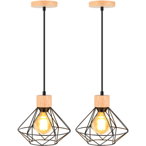 Pack de 2 Lámpara Colgante Industrial de Madera Lámpara de Suspensión Metal Jaula Retro Altura Ajustable - Negro 22cm
