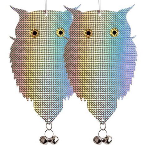 Pack de 2 Lechuzas Repelentes, Disuasión de Palomas, Para Colgar al Aire Libre, Plástico Reflejante con Campanillas