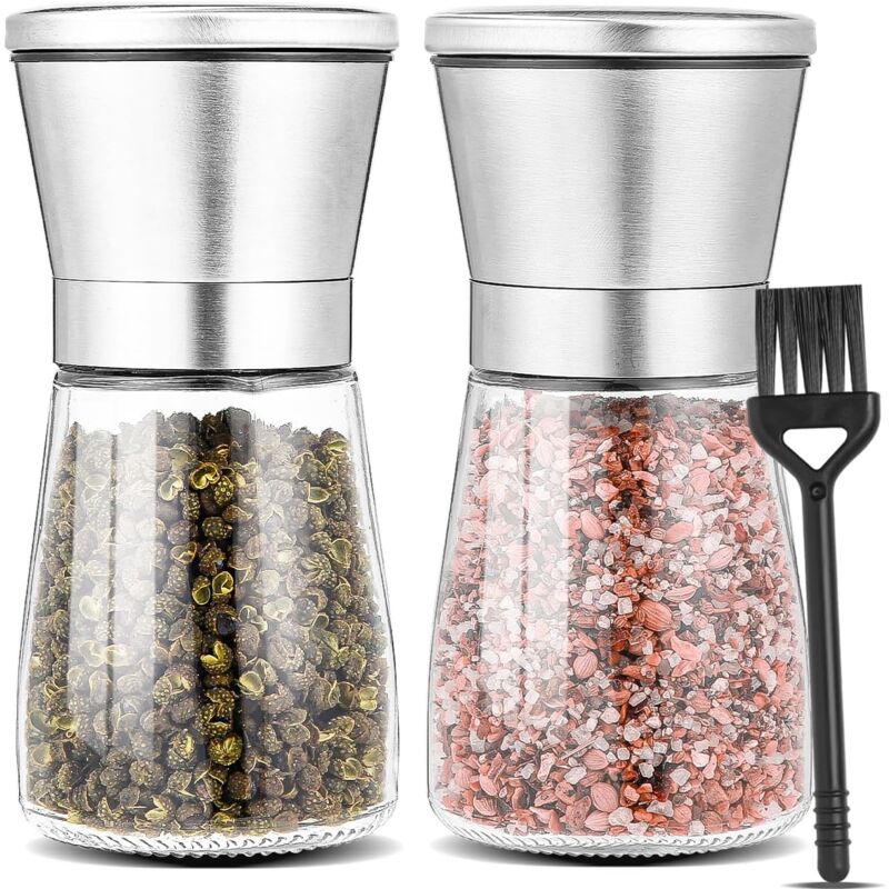 Pack de 2 moulins à épices dans des bouteilles en verre, Moulin à Poivre et Sel Manuel, Salieres et Poivrieres en acier inoxydable, Broyeur en