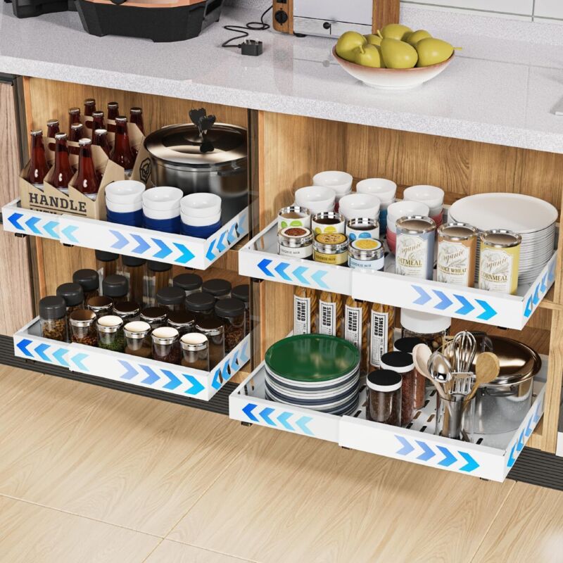 Pack de 2 organisateurs de placard extensibles avec adhésif, tiroirs coulissants pour cuisines, étagères coulissantes pour l'organisation, largeur