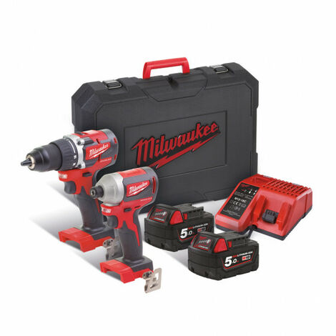 Milwaukee - Pack 2 outils COMPACT BRUSHLESS perceuse-visseuse + visseuse à chocs 18 V Li-Ion 5.0 Ah - M18 CBLPP2B-502C