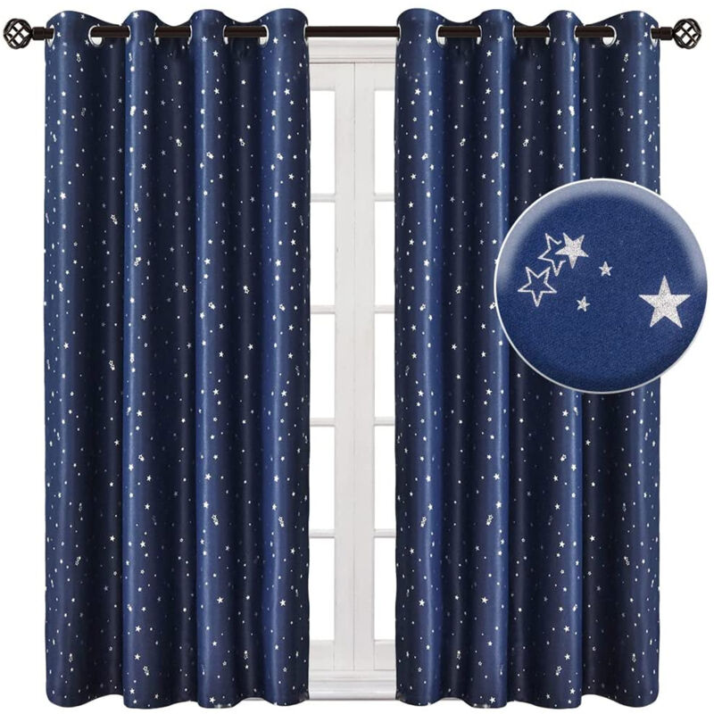 Sinbinta - Pack de 2 rideaux occultants opaques à étoiles - bleu foncé - 132x160cm