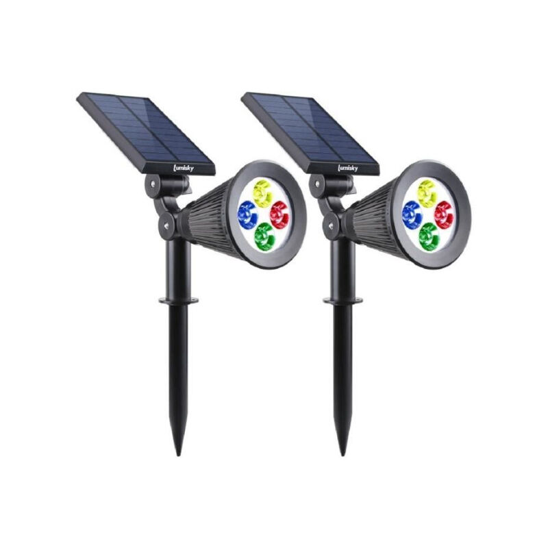 Pack de 2 Spots solaires extérieur étanches Lumisky 4 LEDs colorées rgb - 200 Lumens - Tete pivotante a 90°C