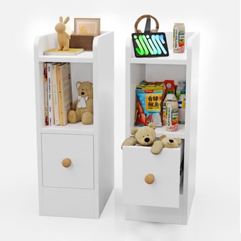 Pack de 2 Table de Chevet Multifonction avec Tiroir - Table d’Appoint Étroite en MDF Blanc pour Salon/Chambre - Meuble de Rangement Compact 20x32x58 cm (Idéal Petits Espaces/Entrée)