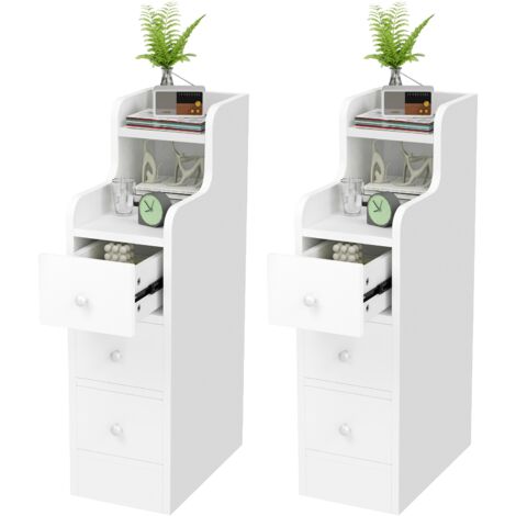 Pack de 2 Table de Chevet Multifonction avec Tiroir - Table d’Appoint Étroite en MDF Blanc pour Salon/Chambre - Meuble de Rangement Compact 20x35x70 cm (Idéal Petits Espaces/Entrée)