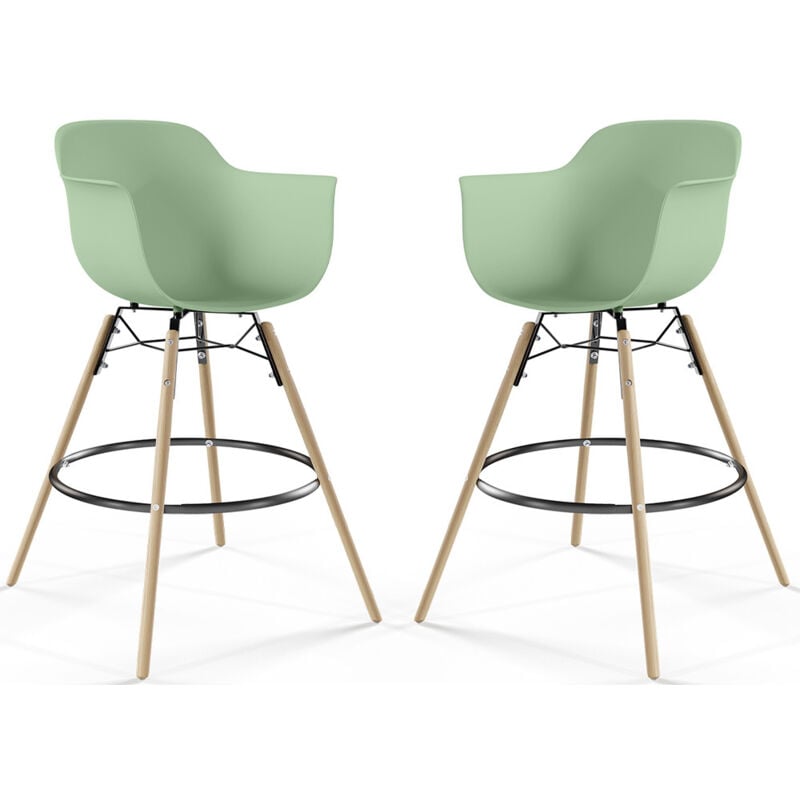 Privatefloor - Tabouret de Bar - Design Scandinave - Pieds en Bois - Lot de 2 - Nordika Vert pastel